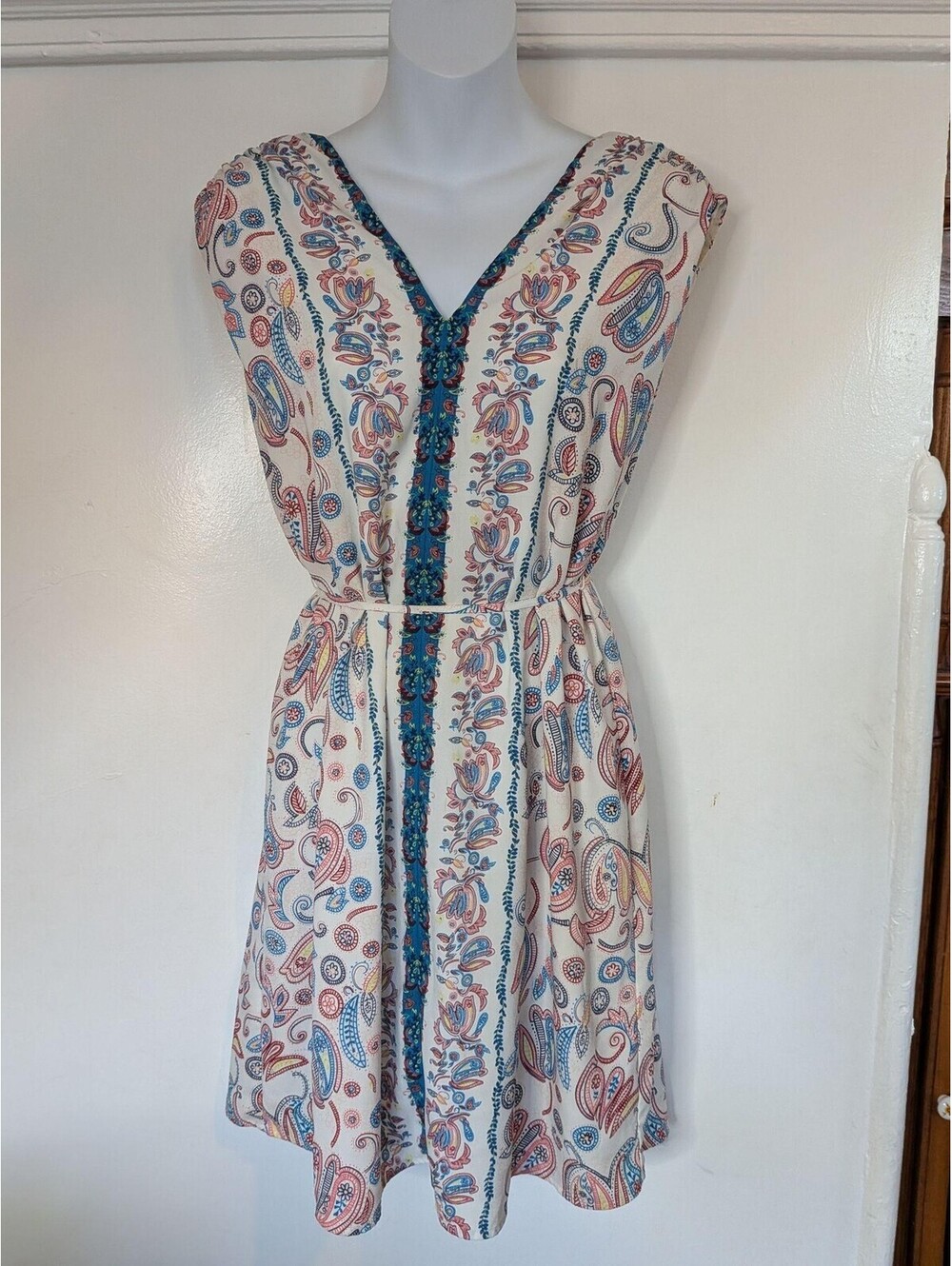 LOFT Sundress Womens S Multicolor Paisley V Neck Belted Fit & Flare Mini Boho